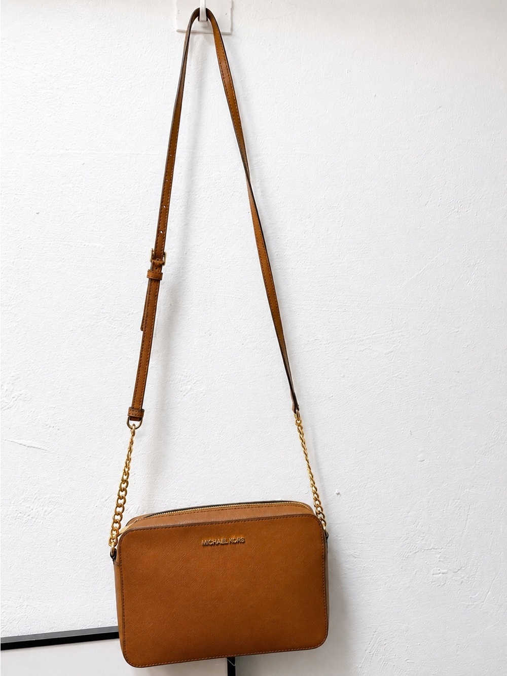 Michael Kors Chestnut Brown Leather Crossbody with Gold Chain
